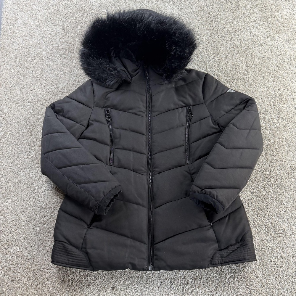 GUESS Coat Womens Large Black Puffer Faux Fur Hooded Pockets Quilted Mid Length